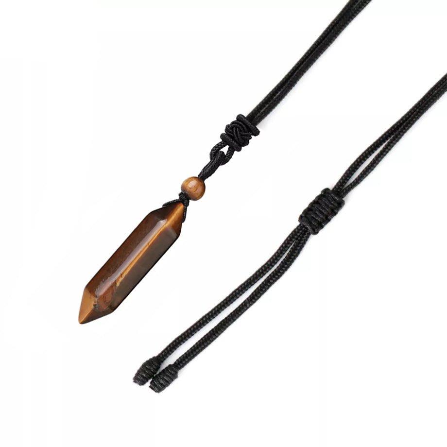 double terminated Tiger Eye (Yellow) necklace, angled view showing crystal point detail — Eternal Spirit