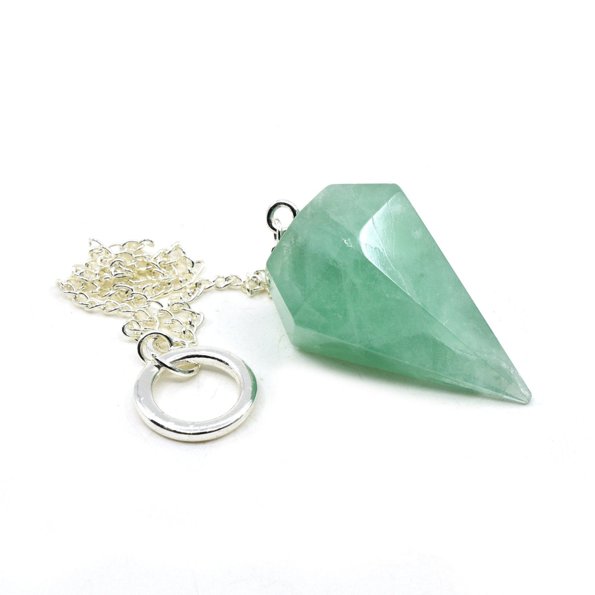 Close-up of Fluorite (Green) large faceted pendulum, emerald green stone detail — Eternal Spirit