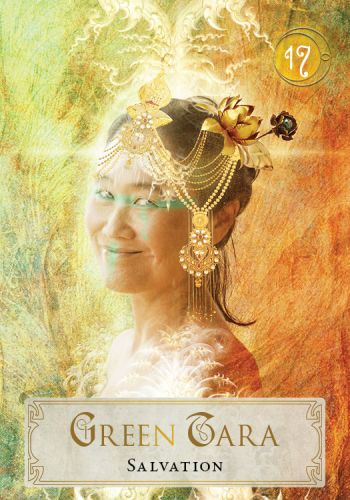 Goddess Power Oracle deck, Green Tara Salvation card with green goddess and lotus flower — Eternal Spirit