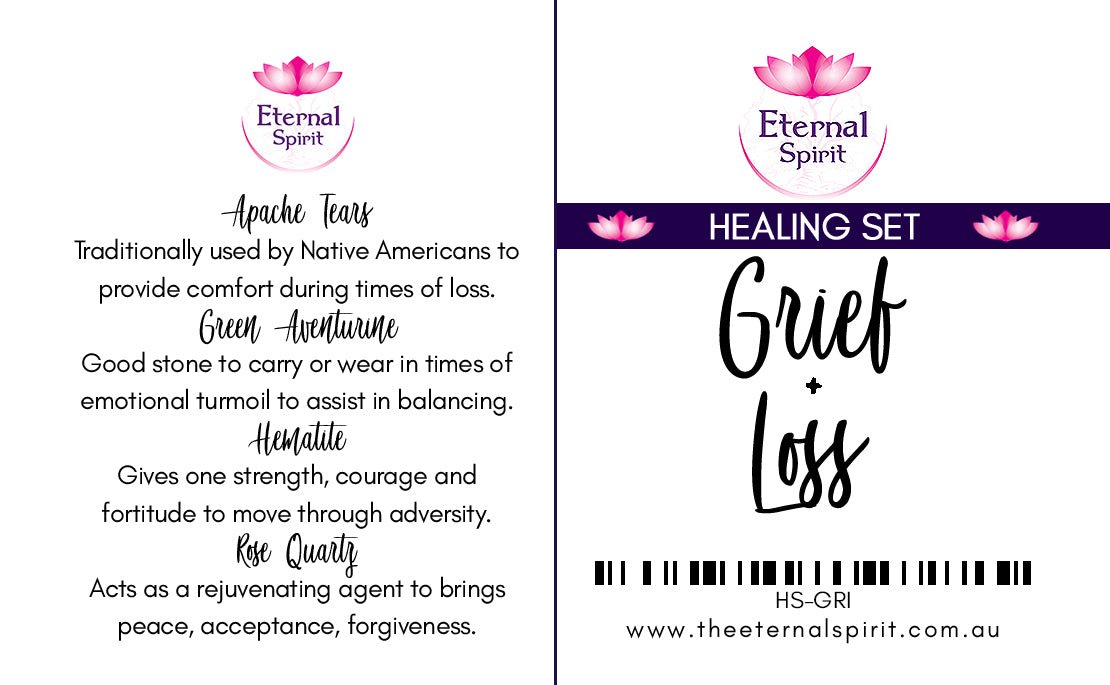 Crystals from Grief Loss healing set displayed on surface — Eternal Spirit