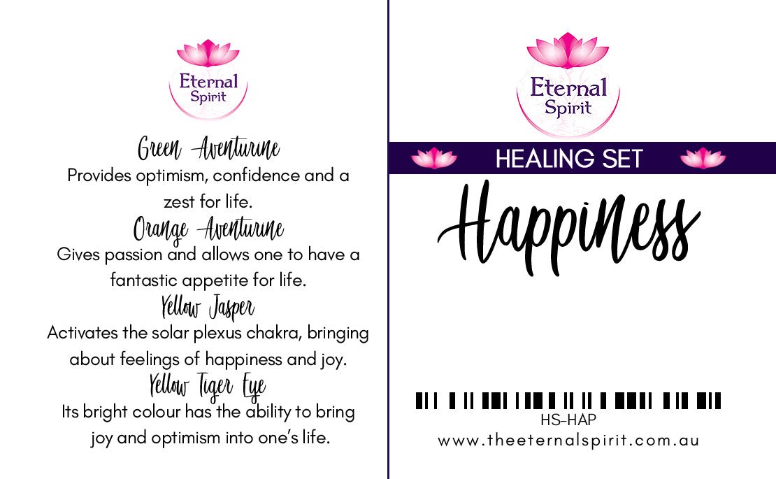 Crystals from Happiness healing set displayed on surface — Eternal Spirit
