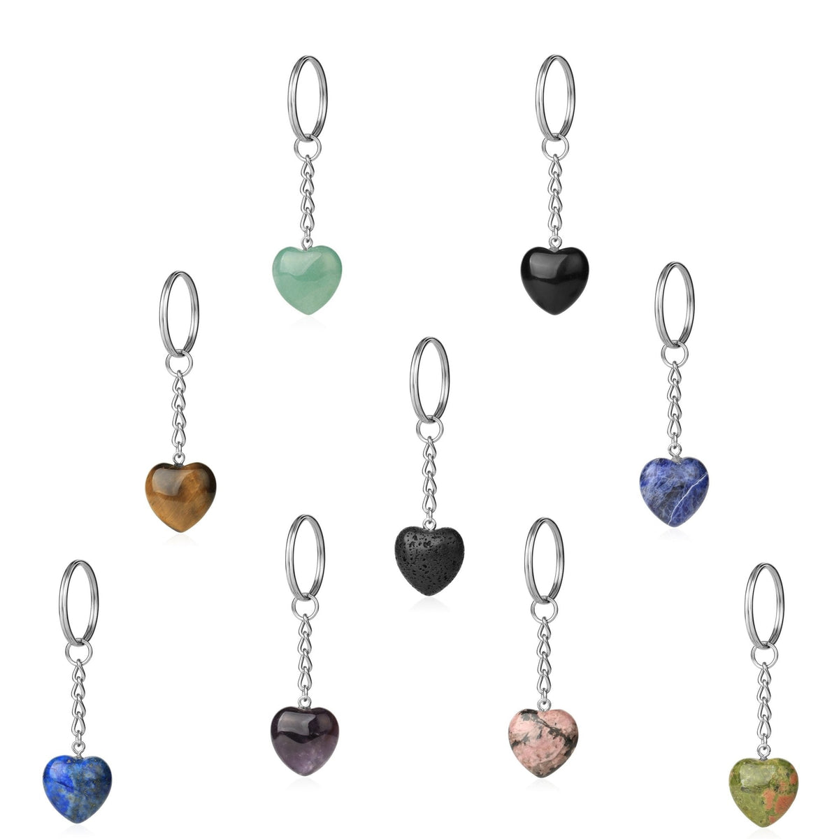 Crystal heart key rings displayed in assorted gemstones — Eternal Spirit