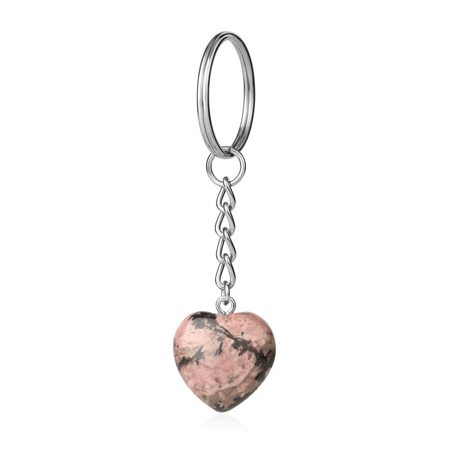 Rosy Pink With Black Veining Rhodonite heart crystal key ring — Eternal Spirit