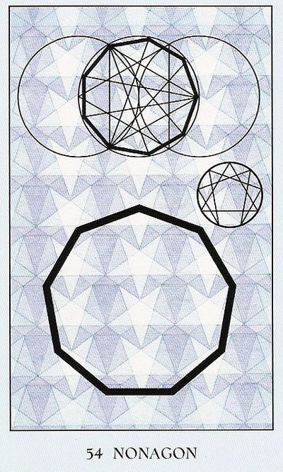 Sacred Geometry Oracle deck, Nonagon card with black geometric nine-sided figure and golden border — Eternal Spirit