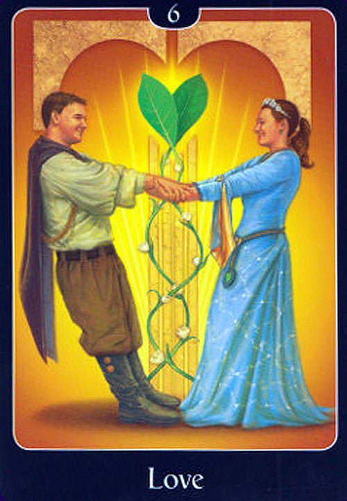 Psychic Tarot For The Heart Oracle deck, Love card showing couple embracing with green heart chakra symbol — Eternal Spirit