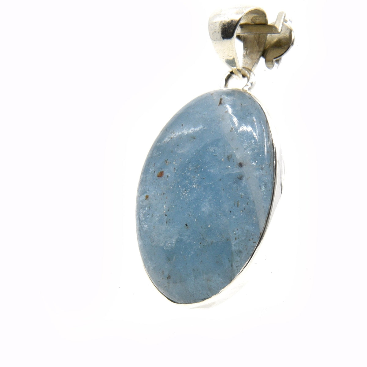 aquamarine cabochon oval pendant, angled view showing silver bail and stone profile — Eternal Spirit