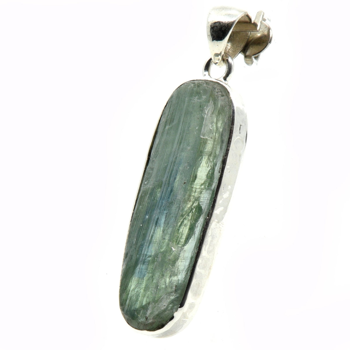 kyanite (green) natural pendant, angled view showing silver bail and stone profile — Eternal Spirit