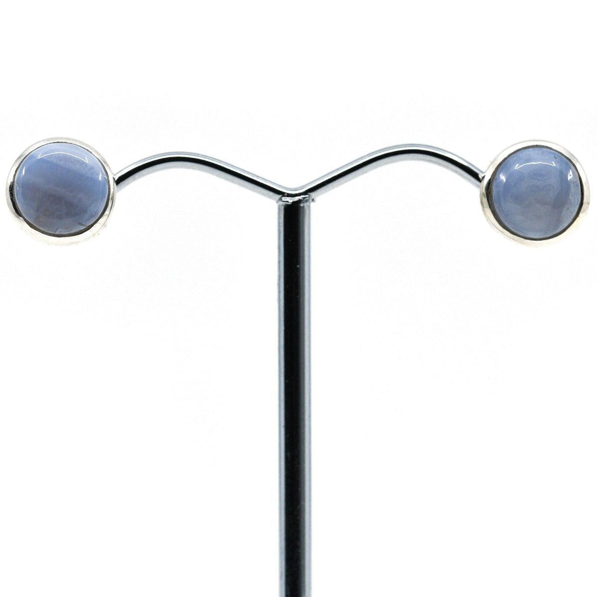 agate (blue lace) cabochon round studs earrings with silver setting on white background — Eternal Spirit