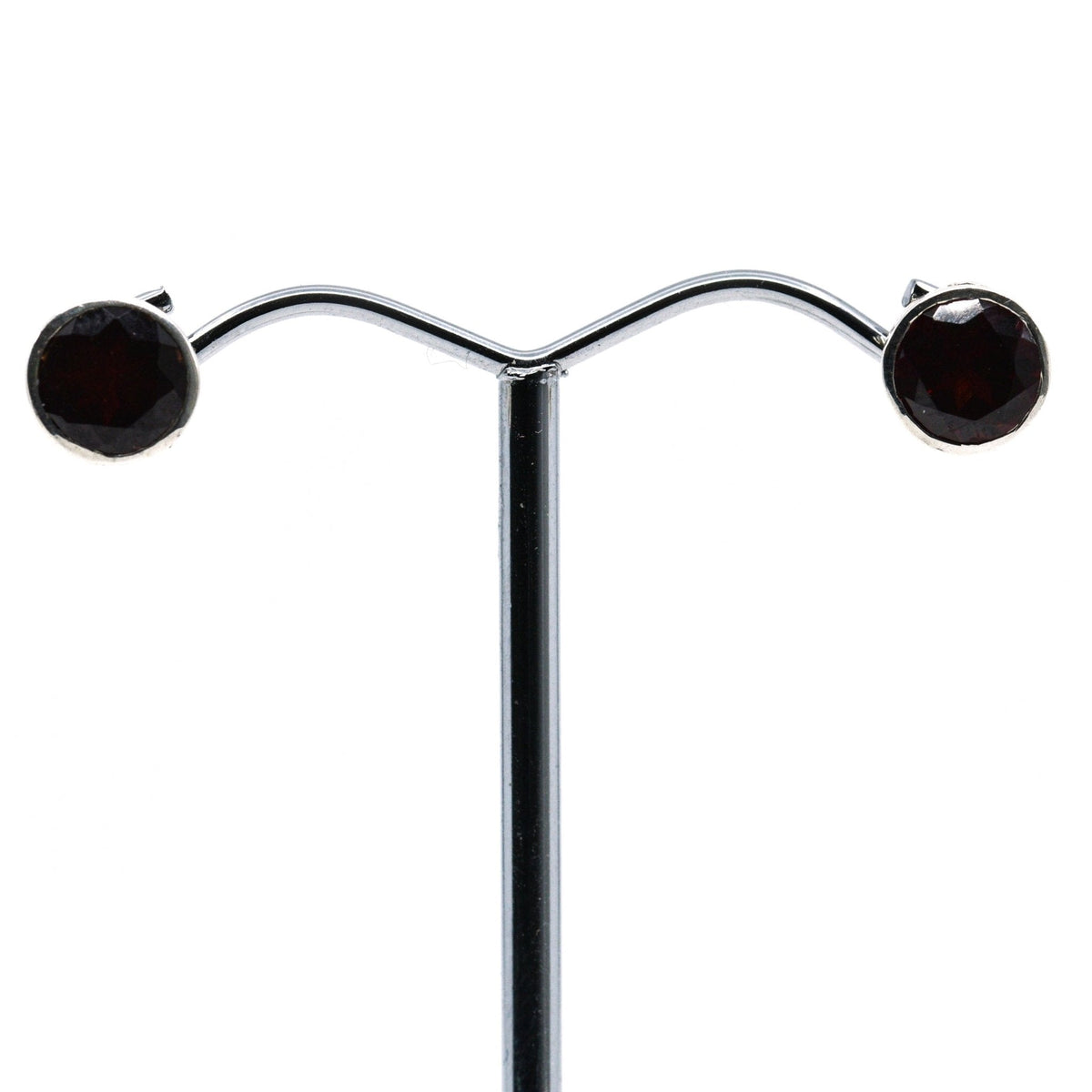 garnet faceted round studs earrings in silver setting, white background — Eternal Spirit