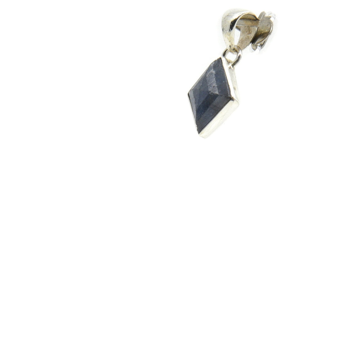 sapphire (blue) faceted diamond pendant, angled view showing silver bail and stone profile — Eternal Spirit