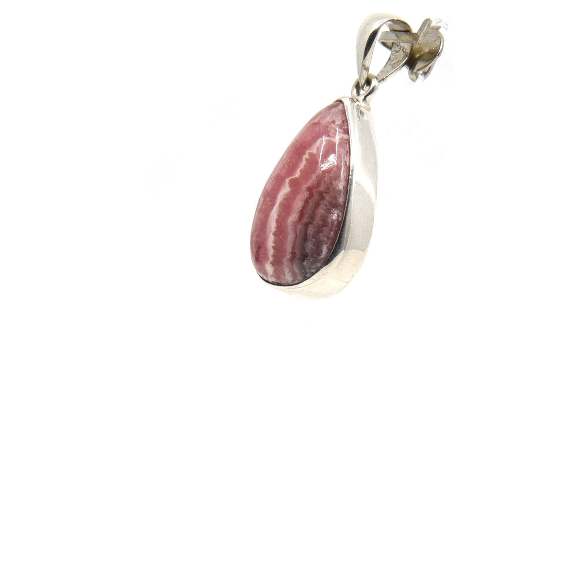 rhodocrosite cabochon teardrop pendant, angled view showing silver bail and stone profile — Eternal Spirit