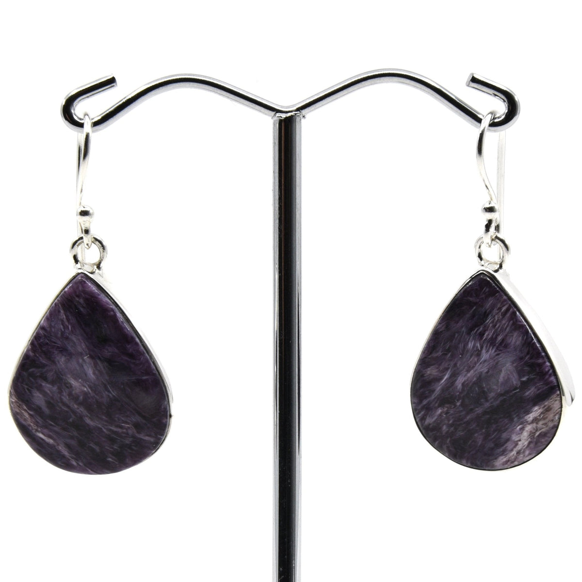 charoite cabochon teardrop earrings with silver setting on white background — Eternal Spirit