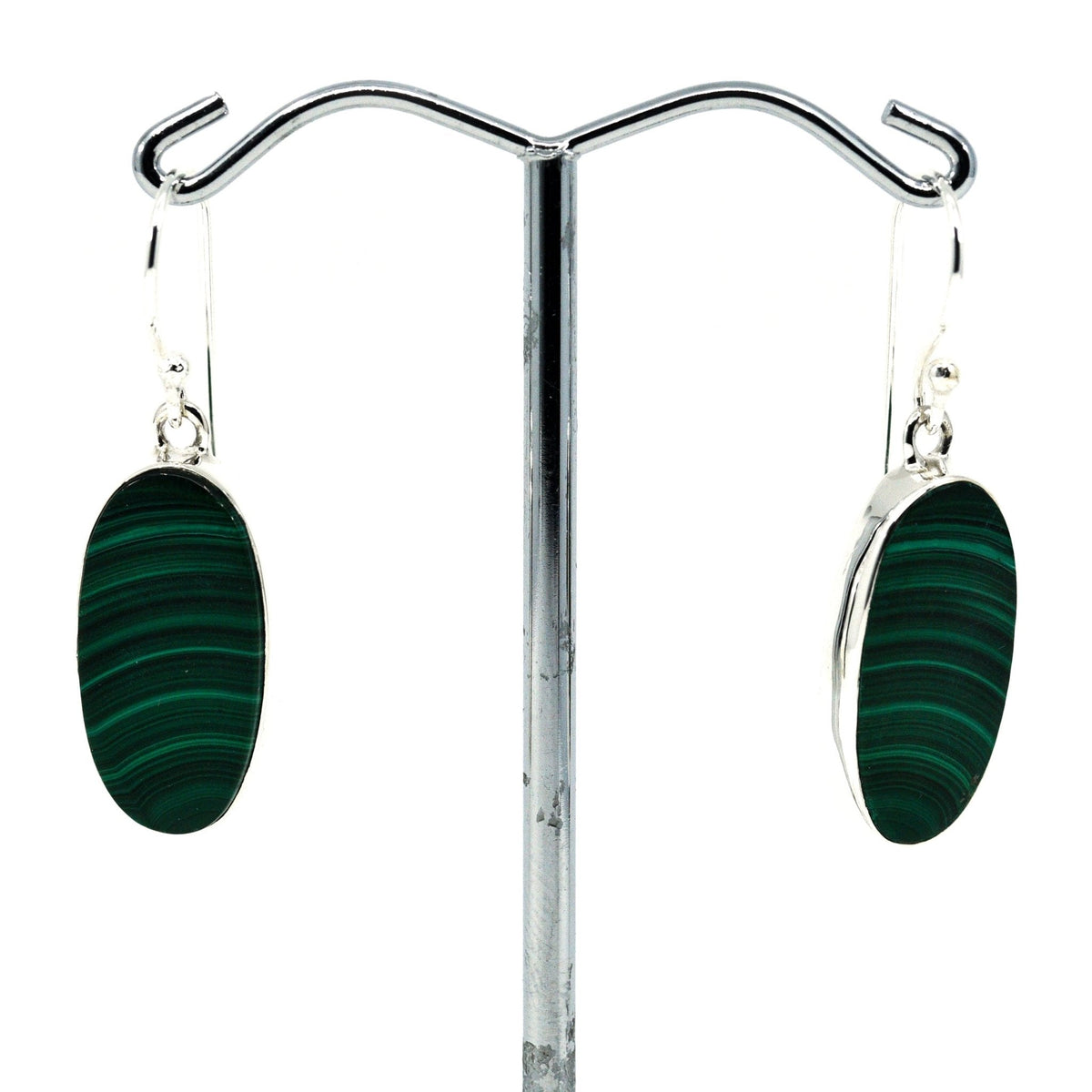 malachite cabochon oval earrings in silver setting, white background — Eternal Spirit