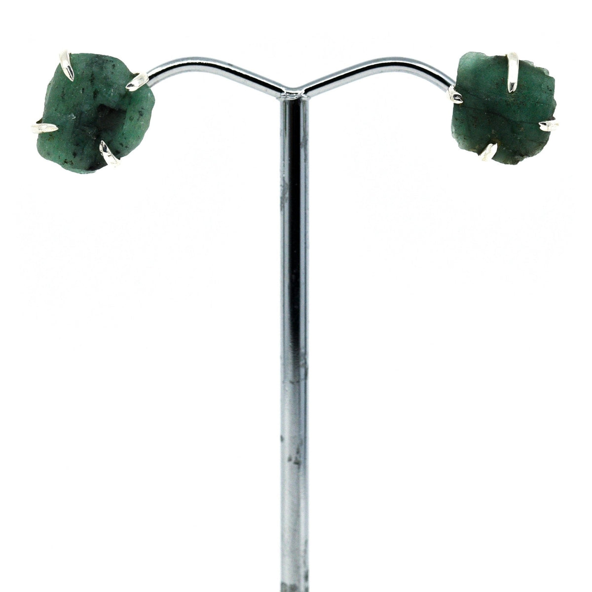 emerald natural studs earrings with silver setting on white background — Eternal Spirit