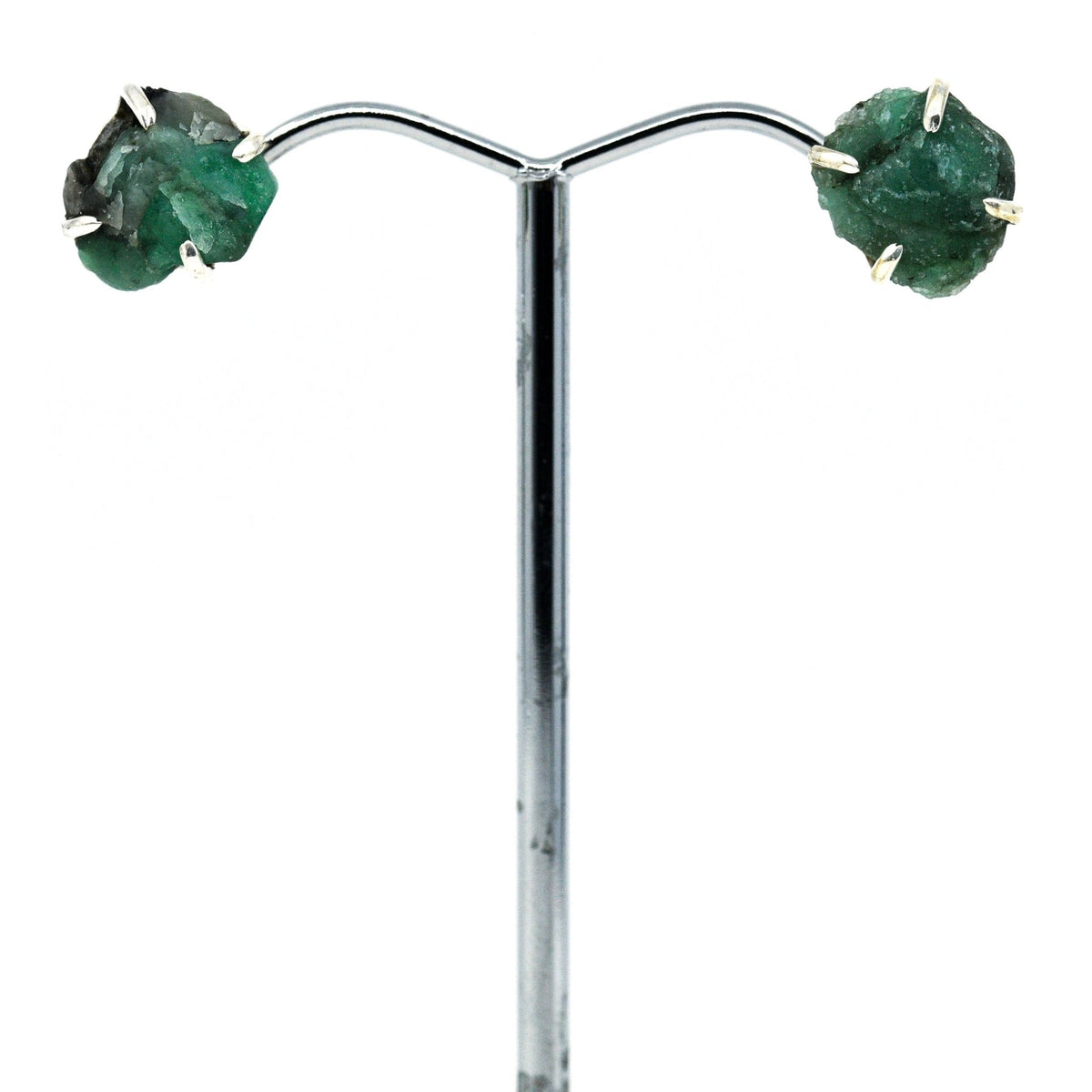 emerald natural studs earrings in silver setting, white background — Eternal Spirit