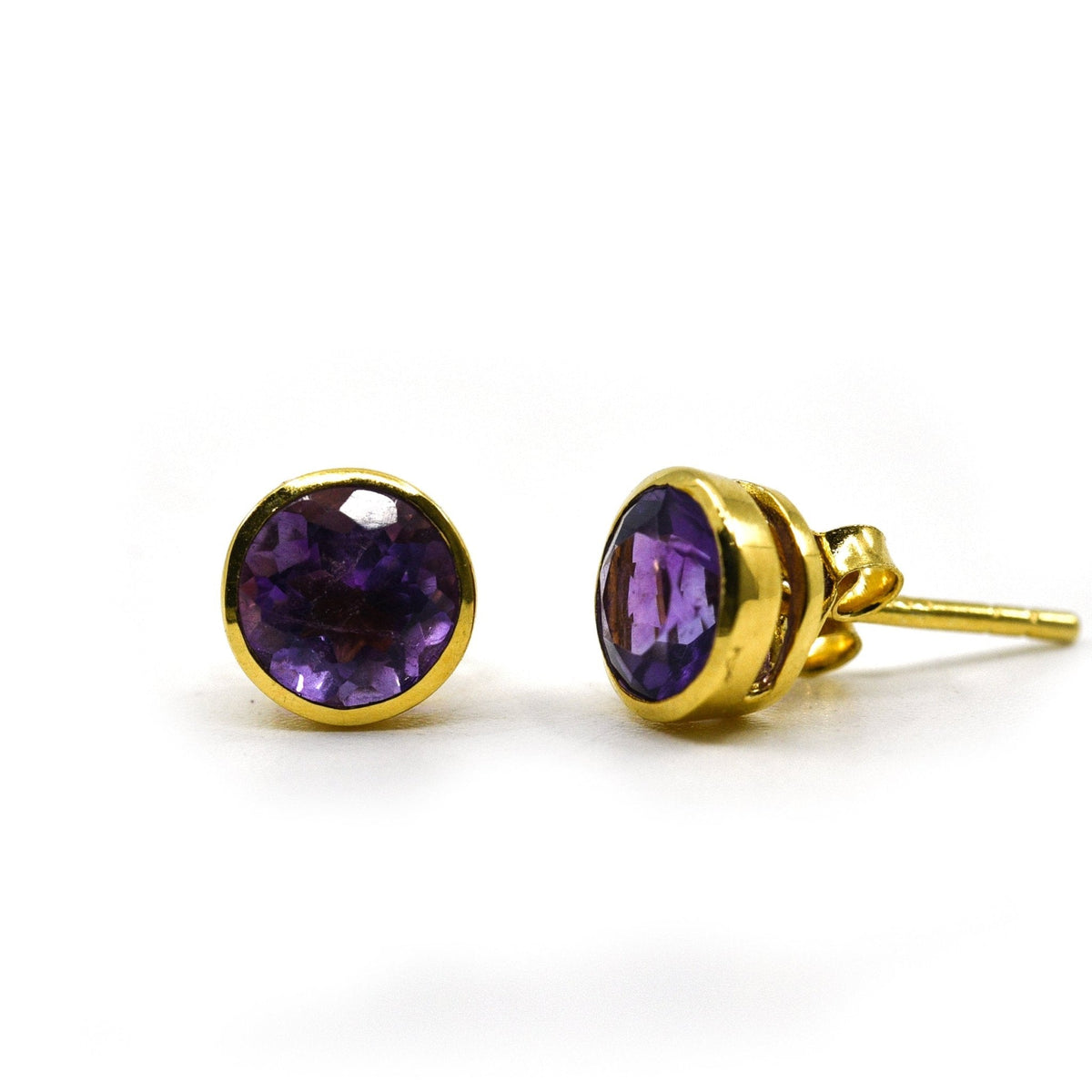 earrings - 24k gold plated "amethyst" studs #e608 with silver setting on white background — Eternal Spirit