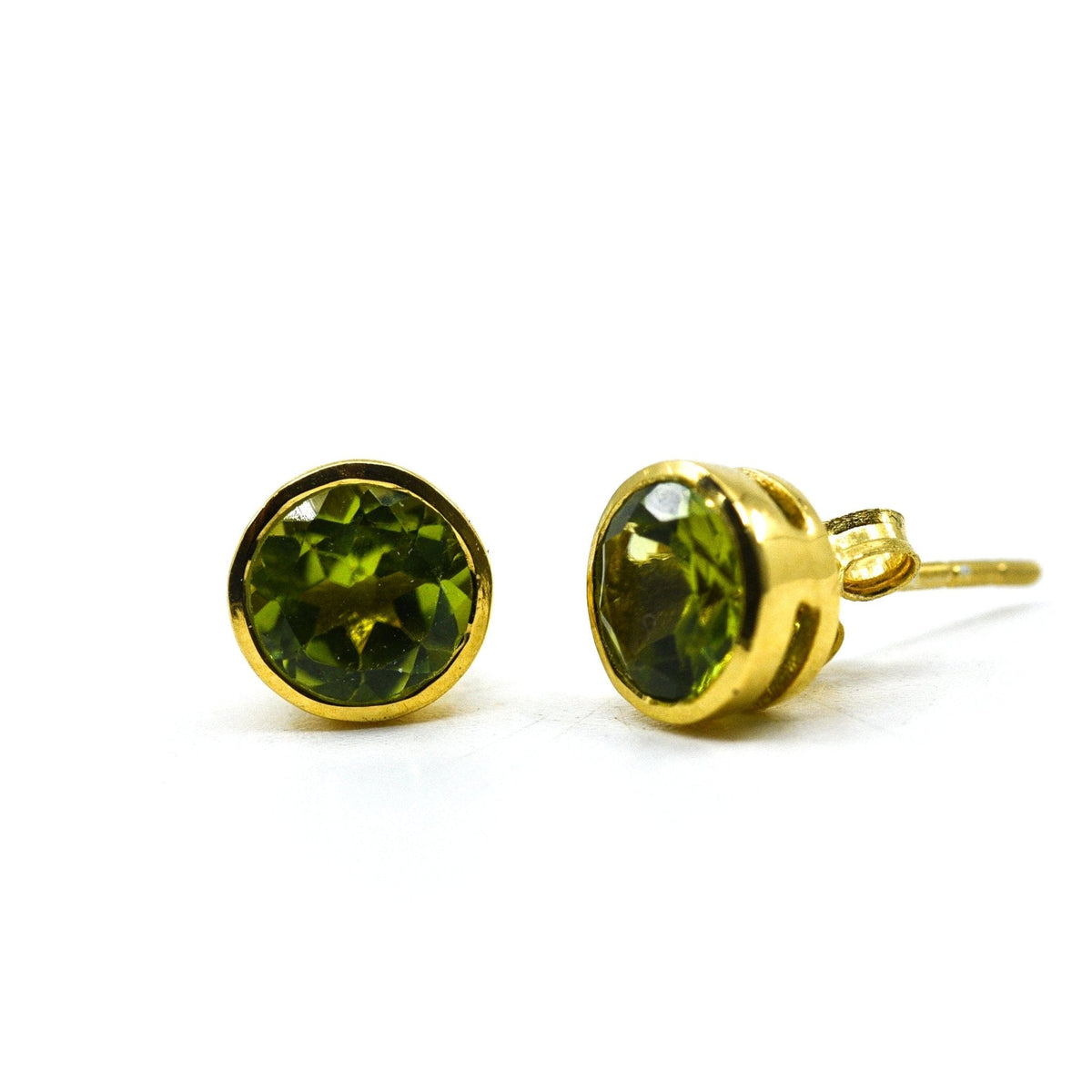 earrings - 24k gold plated "peridot" studs #e613 with silver setting on white background — Eternal Spirit