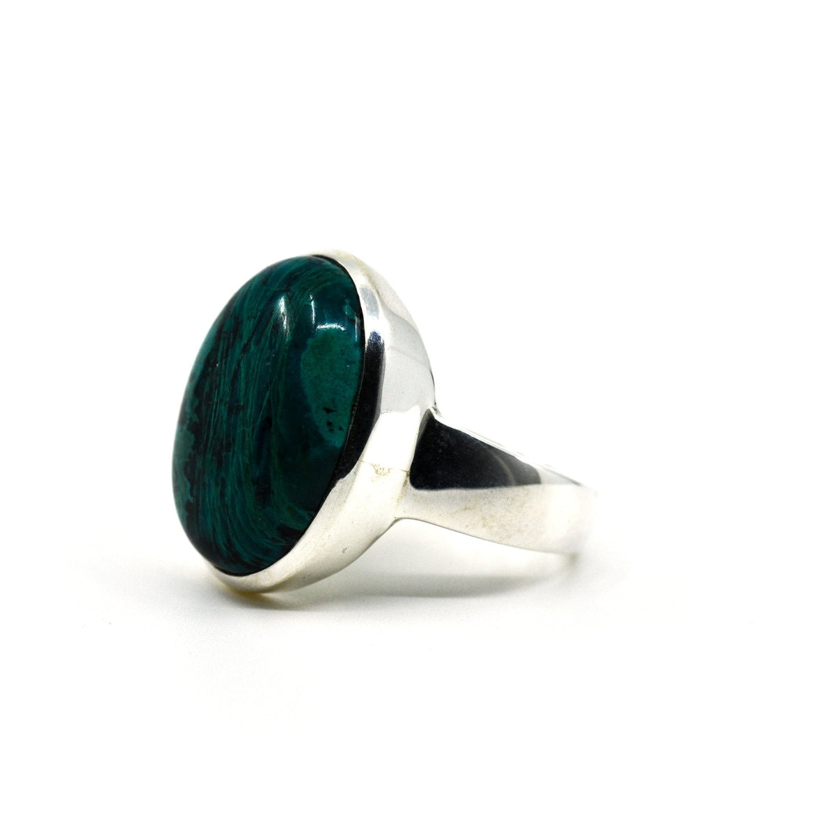 Chrysocolla ring #R708 angled to reveal its polished setting and silver band — Eternal Spirit