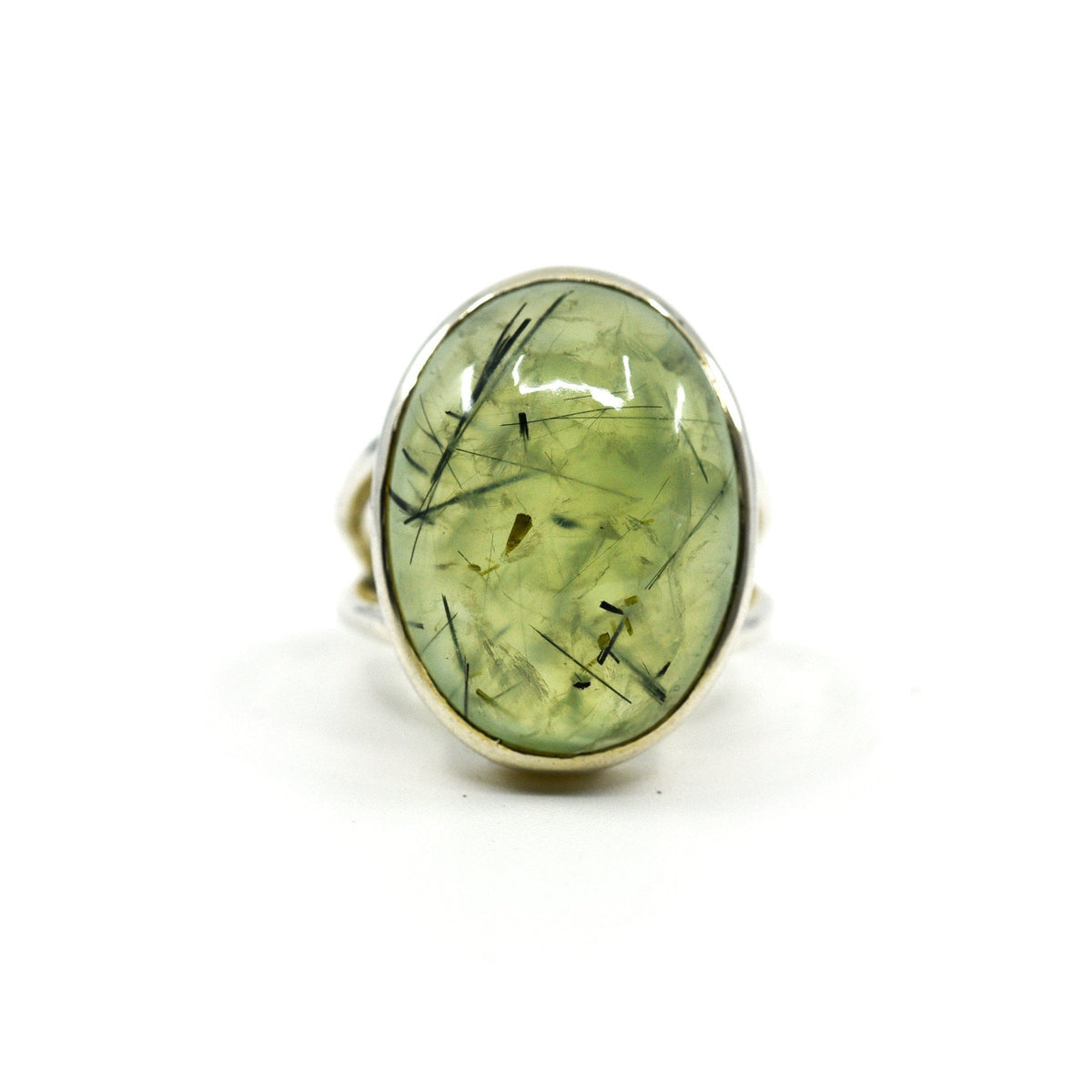 lustrous Prehnite with Epidote crystal ring viewed from above, size P #R721 — Eternal Spirit