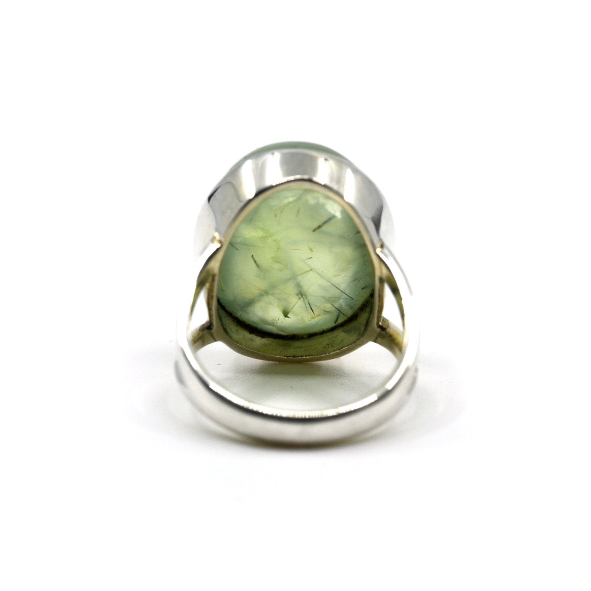 elegant side profile of Prehnite with Epidote ring #R721, the gemstone catching light — Eternal Spirit