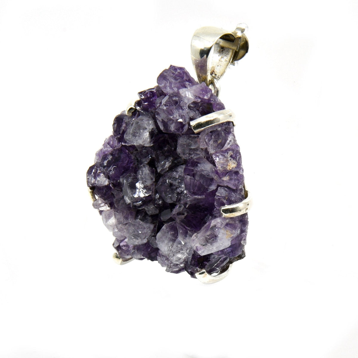 amethyst natural cluster pendant, angled view showing silver bail and stone profile — Eternal Spirit