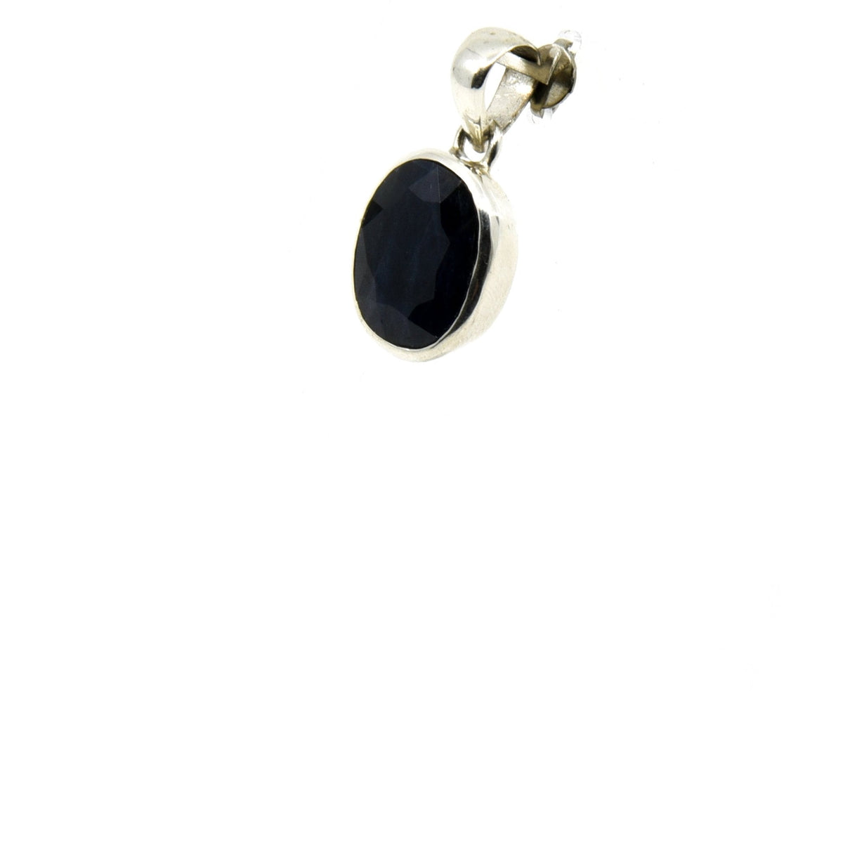 sapphire (blue) faceted oval pendant, angled view showing silver bail and stone profile — Eternal Spirit