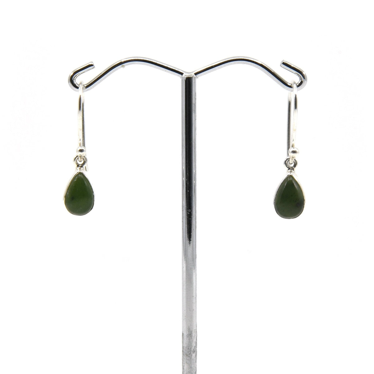 jade (nephrite) cabochon teardrop earrings with silver setting on white background — Eternal Spirit