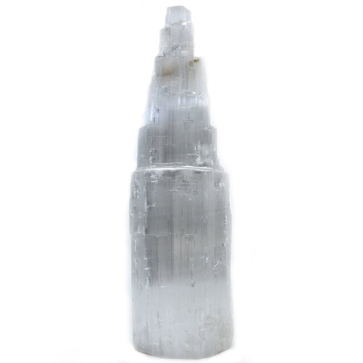 luminous white Selenite crystal lamp (L), overhead view of carved form — Eternal Spirit