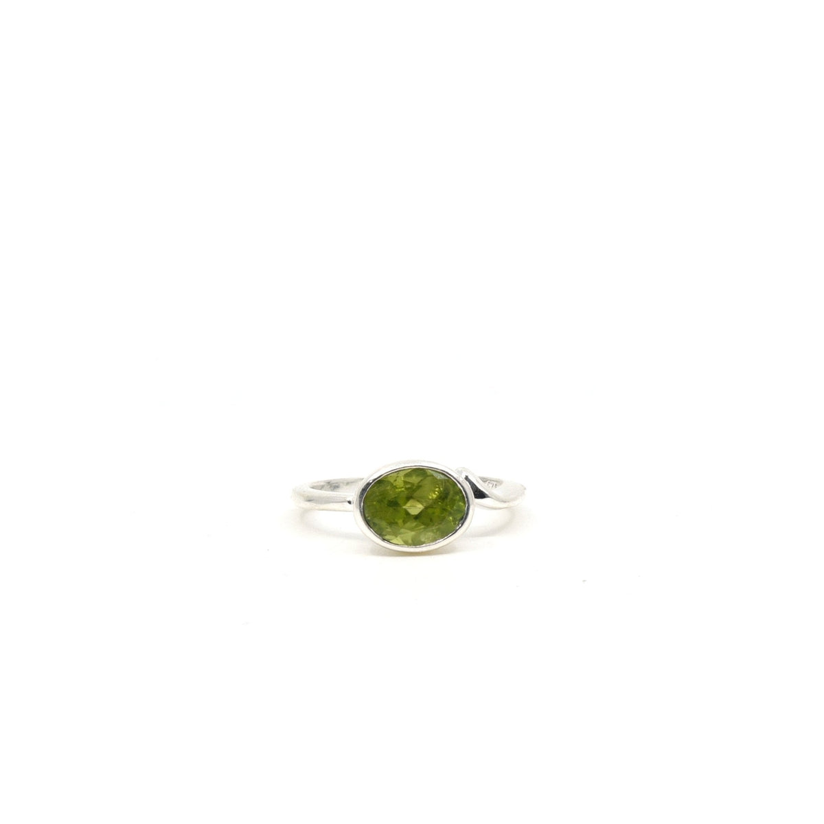 bright olive Peridot crystal ring viewed from above, size N #R339 — Eternal Spirit