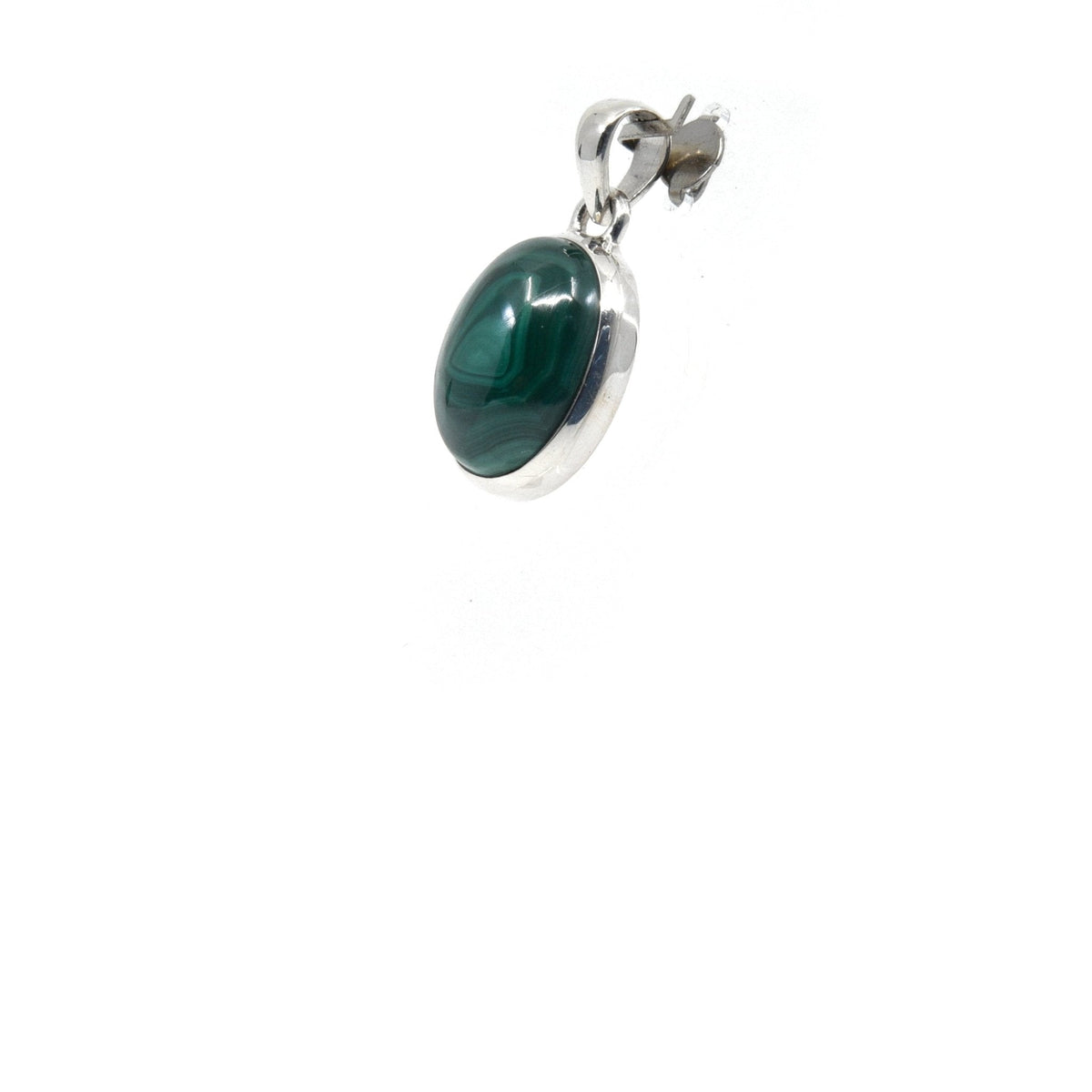 malachite cabochon oval pendant, angled view showing silver bail and stone profile — Eternal Spirit