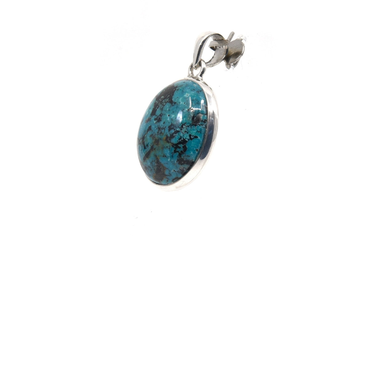 turquoise cabochon oval pendant, side view with silver bail and natural stone edge — Eternal Spirit