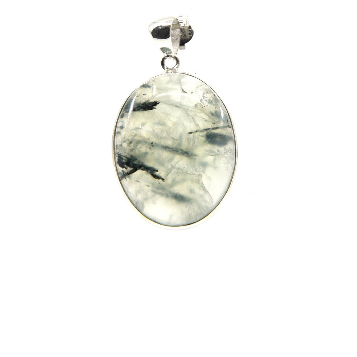 prehnite & tourmaline (black) cabochon oval pendant, front view showing natural stone face — Eternal Spirit
