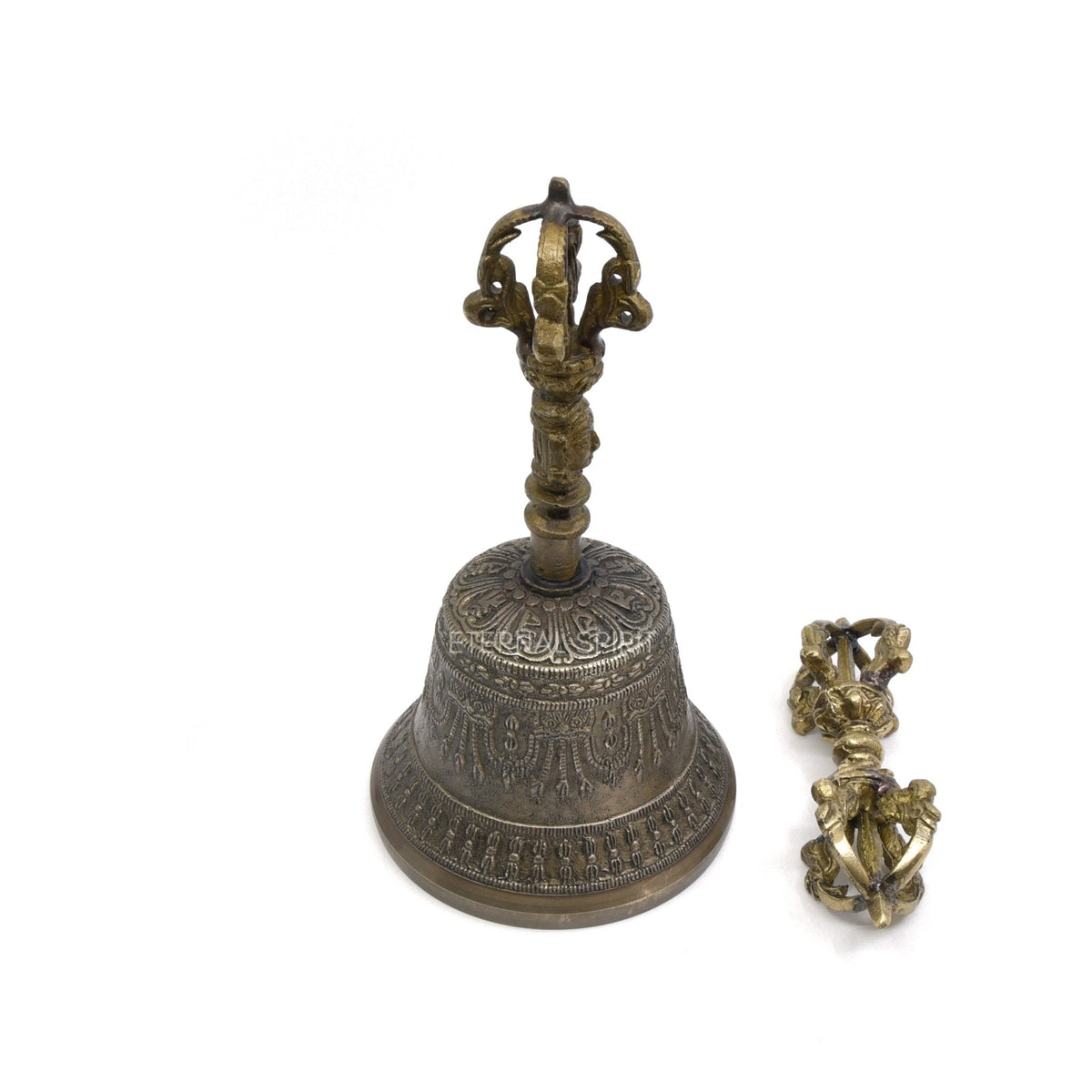 Bronzed Tibetan bell 16.0cm, ornate front view — Eternal Spirit