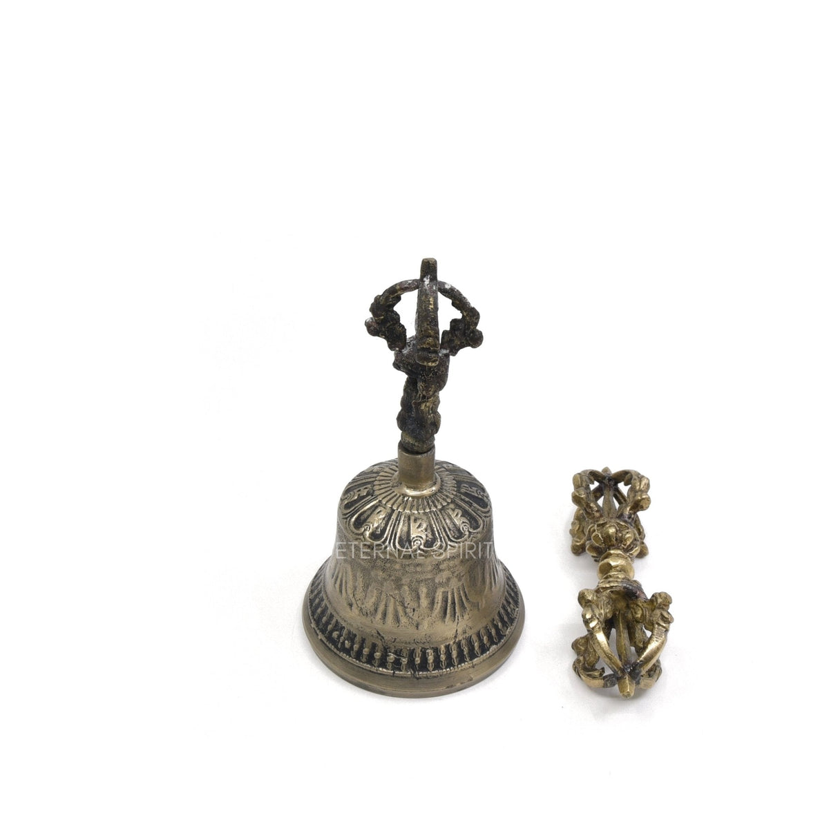 Bronzed Tibetan bell 13.0cm, ornate front view — Eternal Spirit