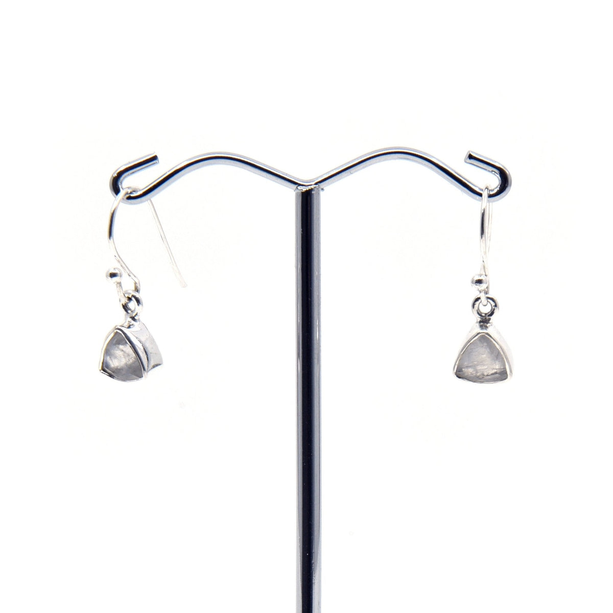 moonstone (rainbow) faceted triangle earrings with silver setting on white background — Eternal Spirit