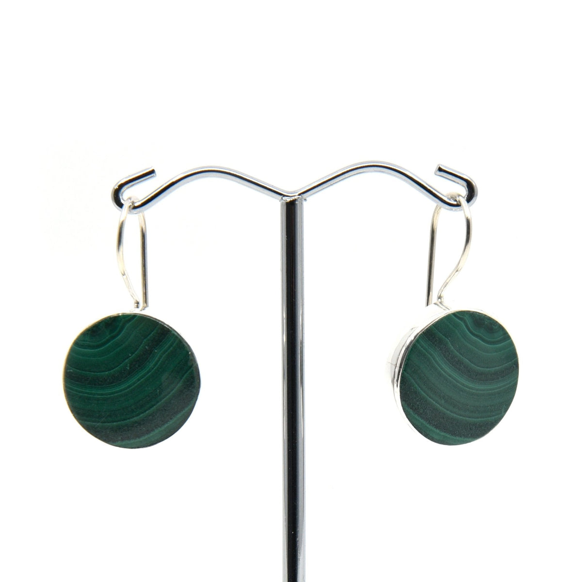 malachite cabochon circle earrings with silver setting on white background — Eternal Spirit