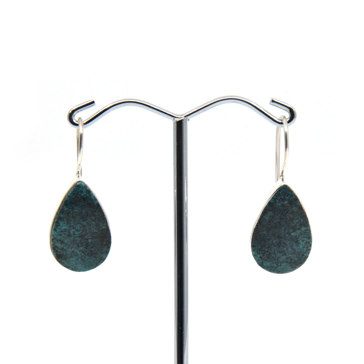 chrysocolla cabochon teardrop earrings with silver setting on white background — Eternal Spirit