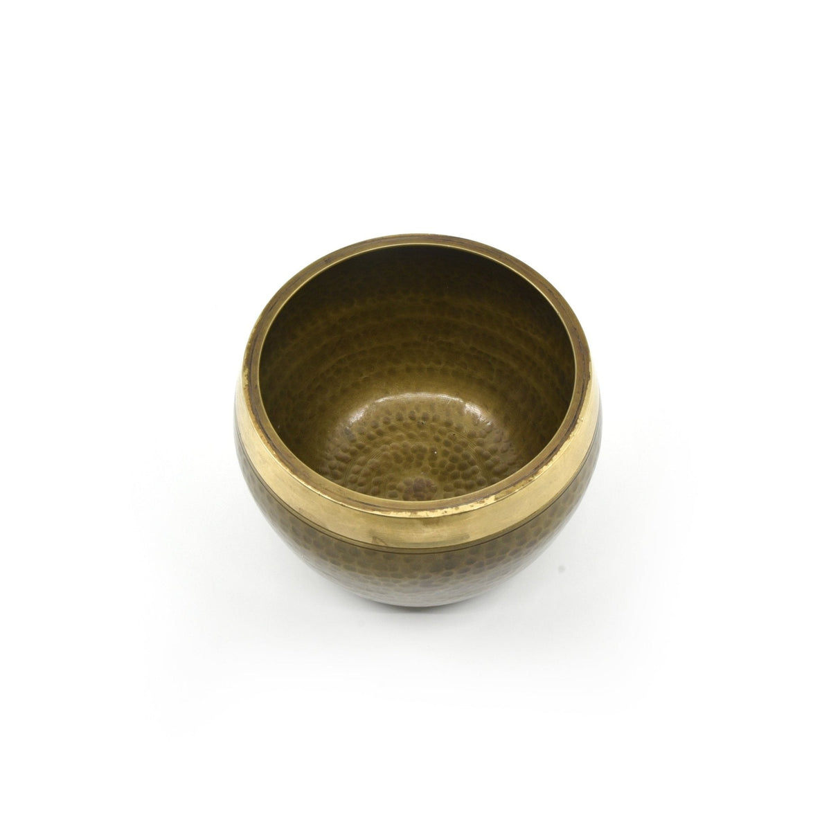 gazing down into the 14.7cm Brown Hammered Madal SB212 Base chakra singing bowl — Eternal Spirit