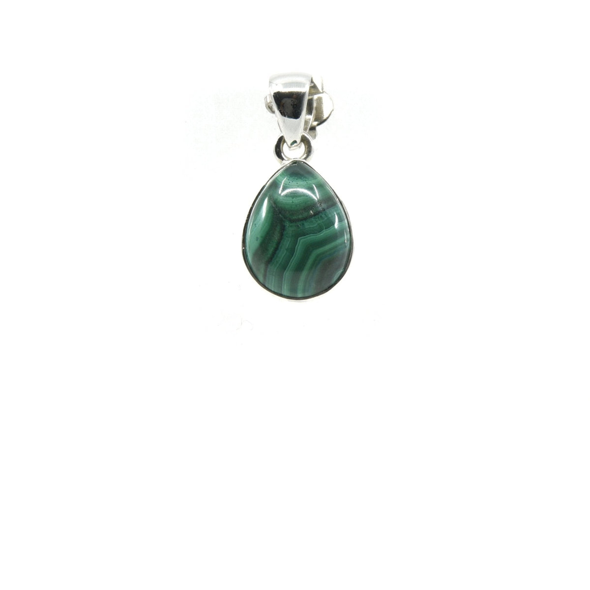 malachite cabochon teardrop pendant, front view showing natural stone face — Eternal Spirit