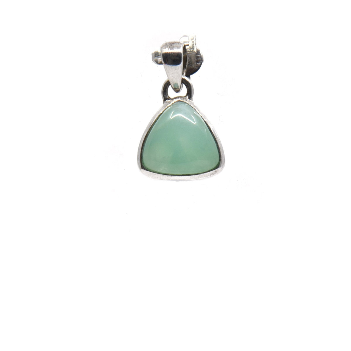 chrysoprase cabochon triangle pendant, front view showing natural stone face — Eternal Spirit