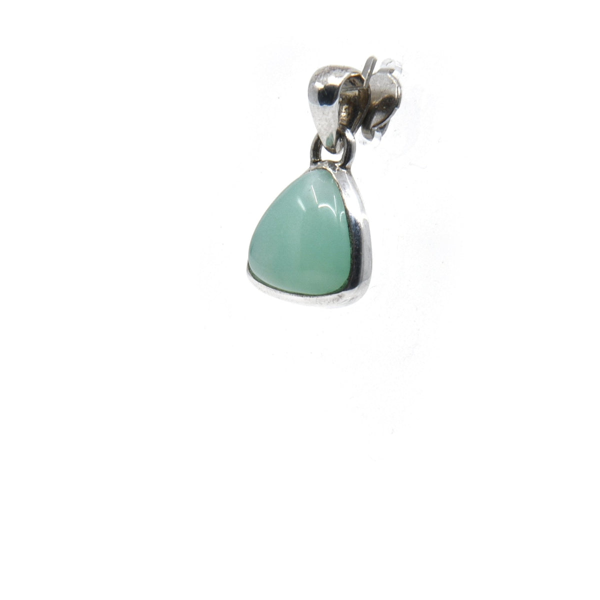 chrysoprase cabochon triangle pendant, angled view showing silver bail and stone profile — Eternal Spirit