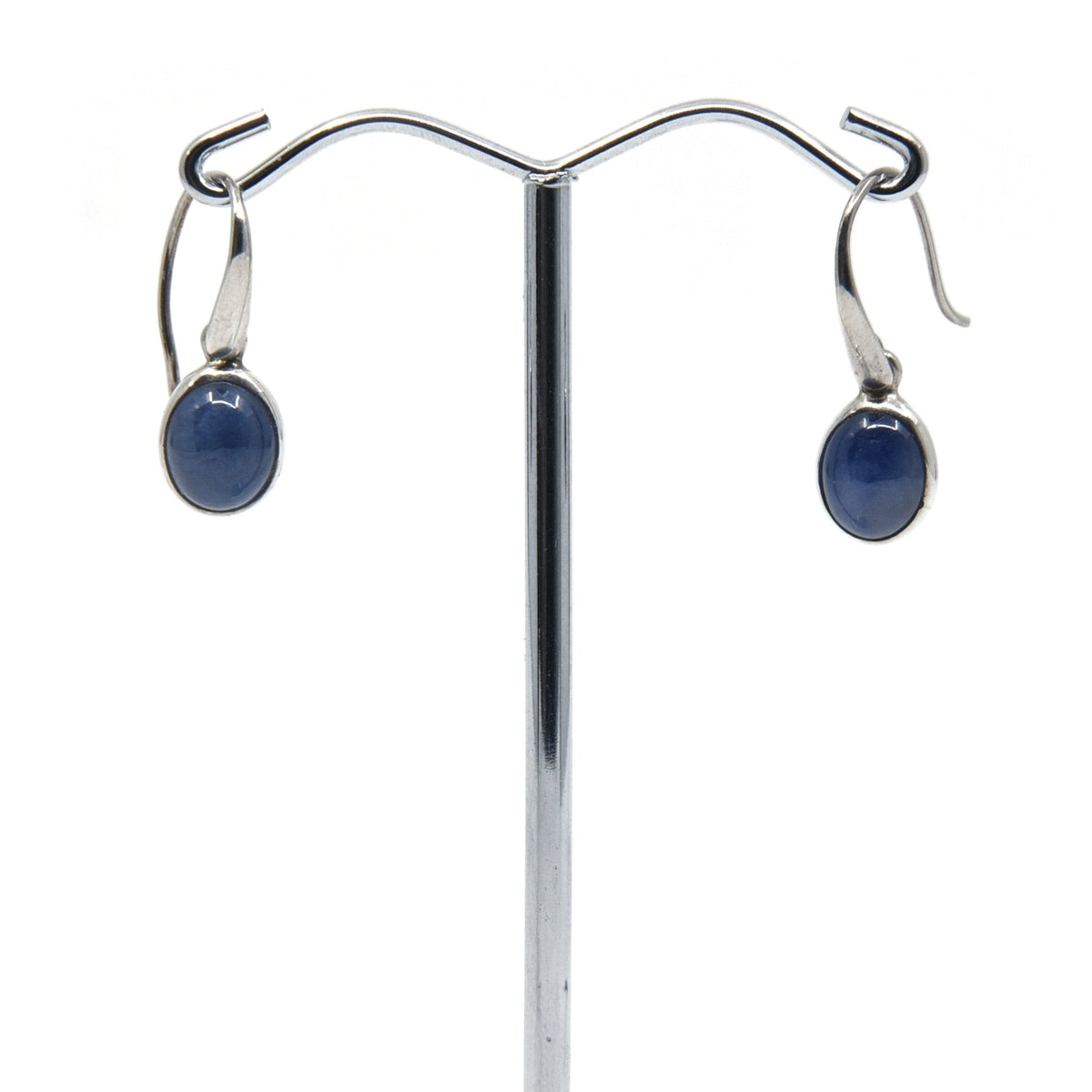 sapphire (blue) cabochon oval earrings with silver setting on white background — Eternal Spirit