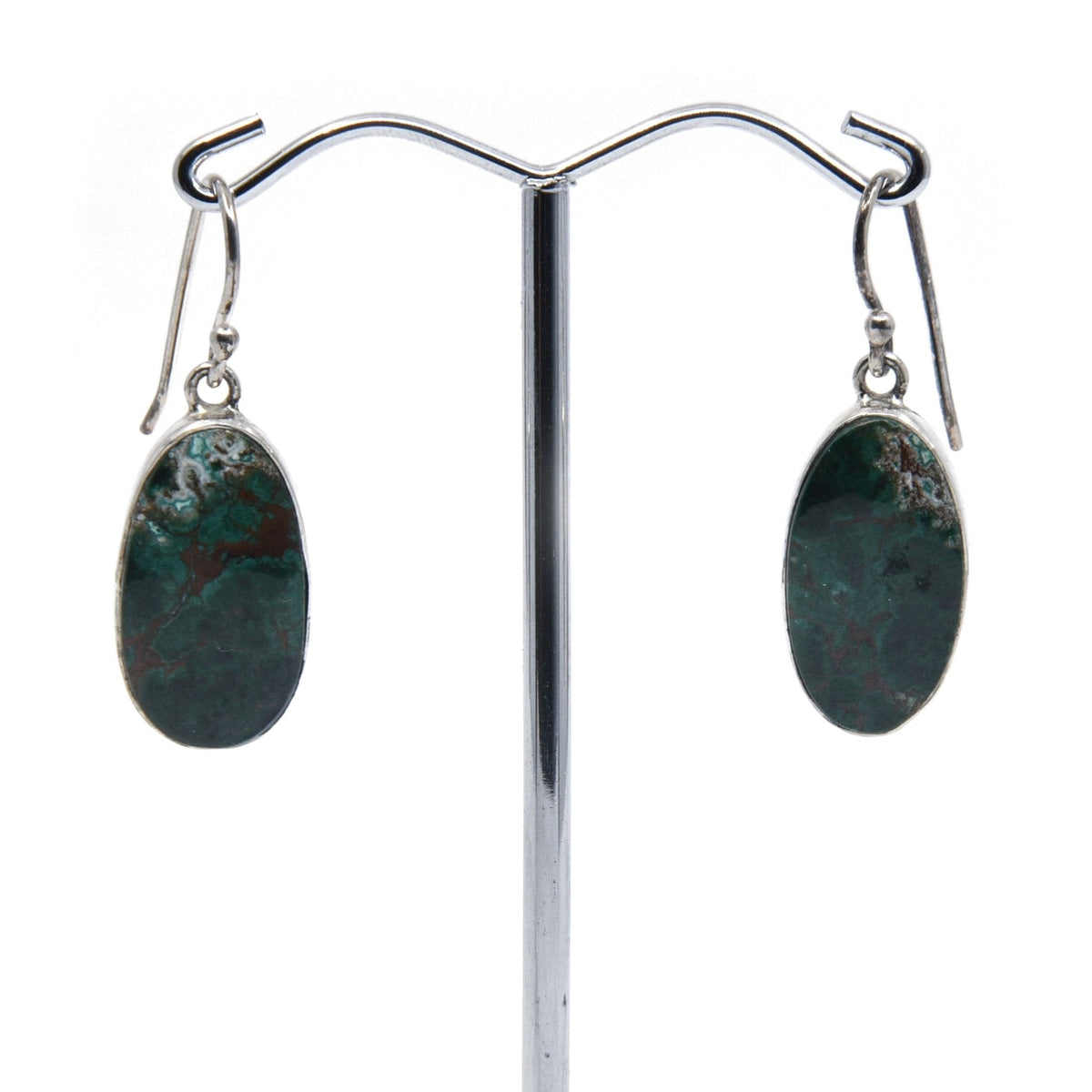 chrysocolla cabochon oval earrings in silver setting, white background — Eternal Spirit