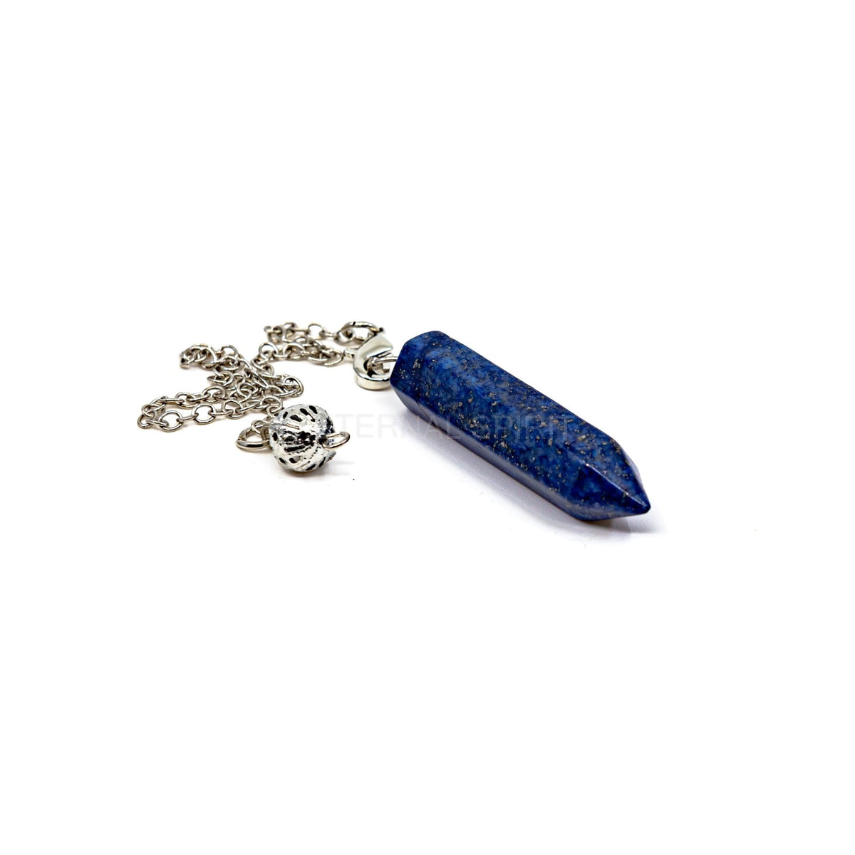 Close-up of Lapis Lazuli generator point pendulum, deep royal blue stone detail — Eternal Spirit