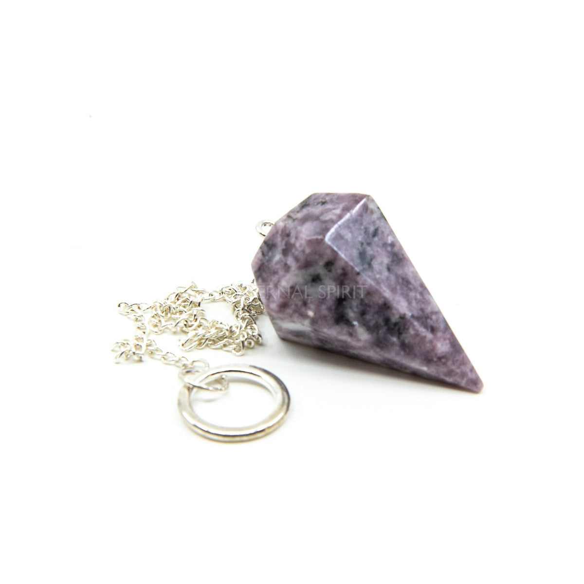 Close-up of Lepidolite large faceted pendulum, soft lilac stone detail — Eternal Spirit
