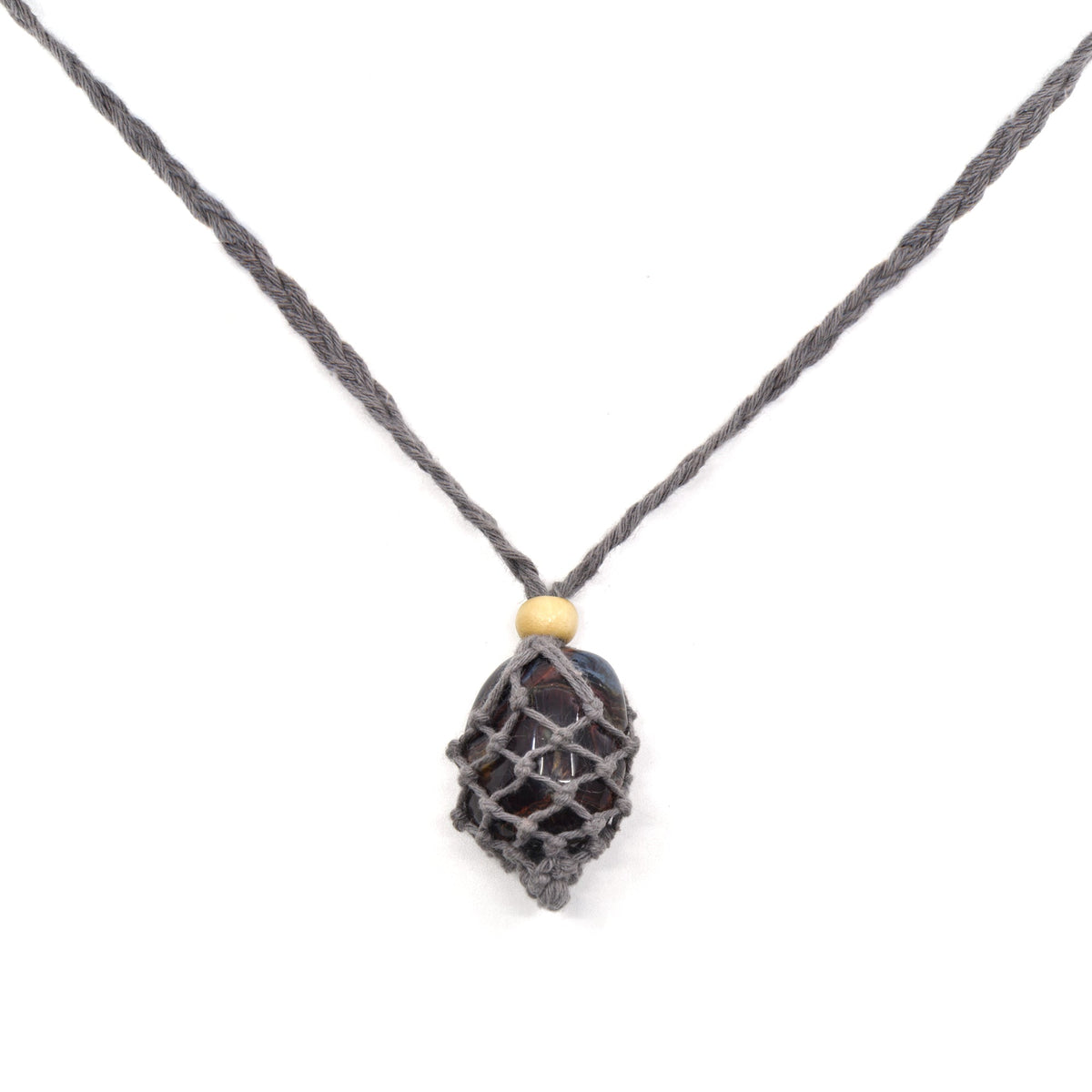 Grey macrame drawstring pouch for crystal storage and travel — Eternal Spirit
