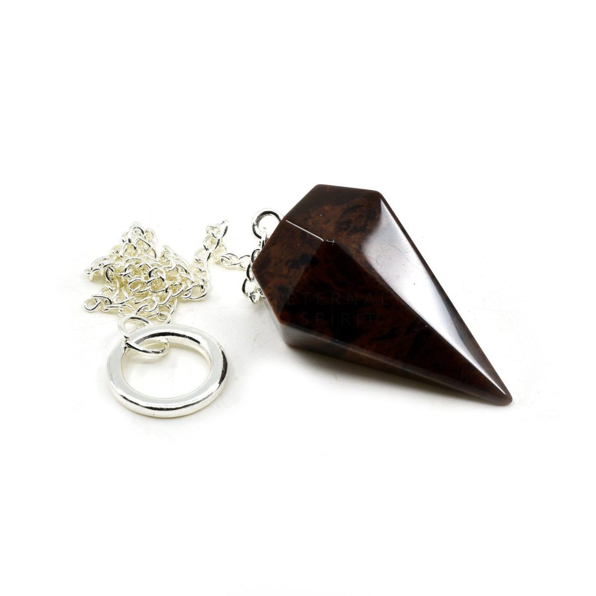 Close-up of Obsidian (Mahogany) large faceted pendulum, dark mahogany stone detail — Eternal Spirit