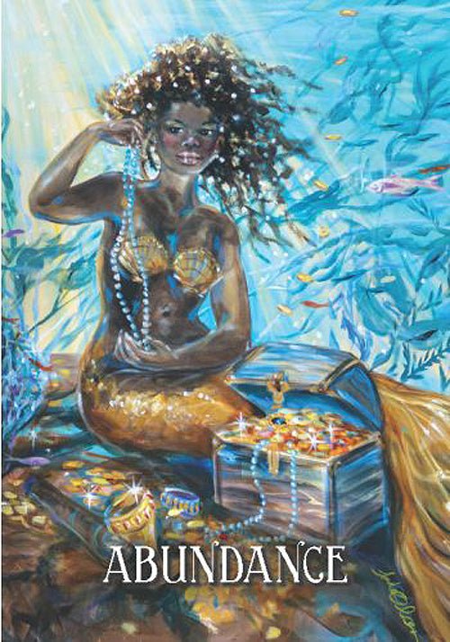 Messages From The Mermaids deck, Abundance card showing mermaid with flowing hair amid ocean waves — Eternal Spirit