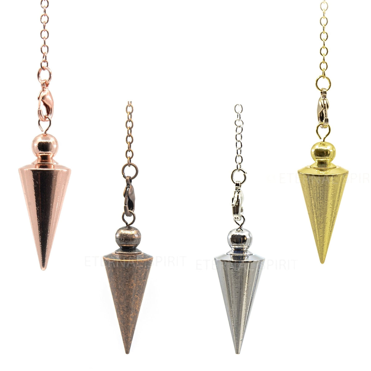 Array of metal cone metal pendulums in assorted finishes — Eternal Spirit