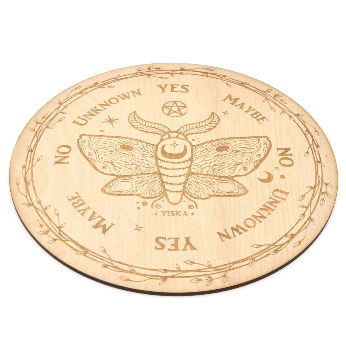 Gold Moth pendulum board with engraved symbols — Eternal Spirit